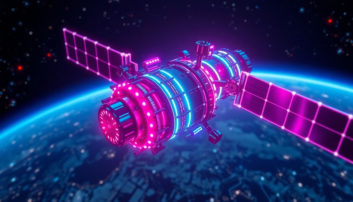 A highly detailed 3D illustration of glowing, interconnected satellite hardware in orbit, with neon cyan and magenta lights pulsing through the components, conceptually representing advanced space technology powering global data networks.