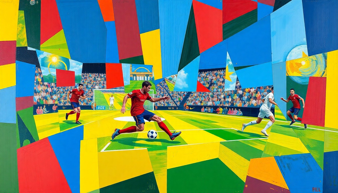 A cubist-style painting depicting a soccer player in motion, with their body and the ball fractured into sharp, overlapping geometric shapes in vibrant colors, conveying the tension and complexity of Chelsea's financial situation.