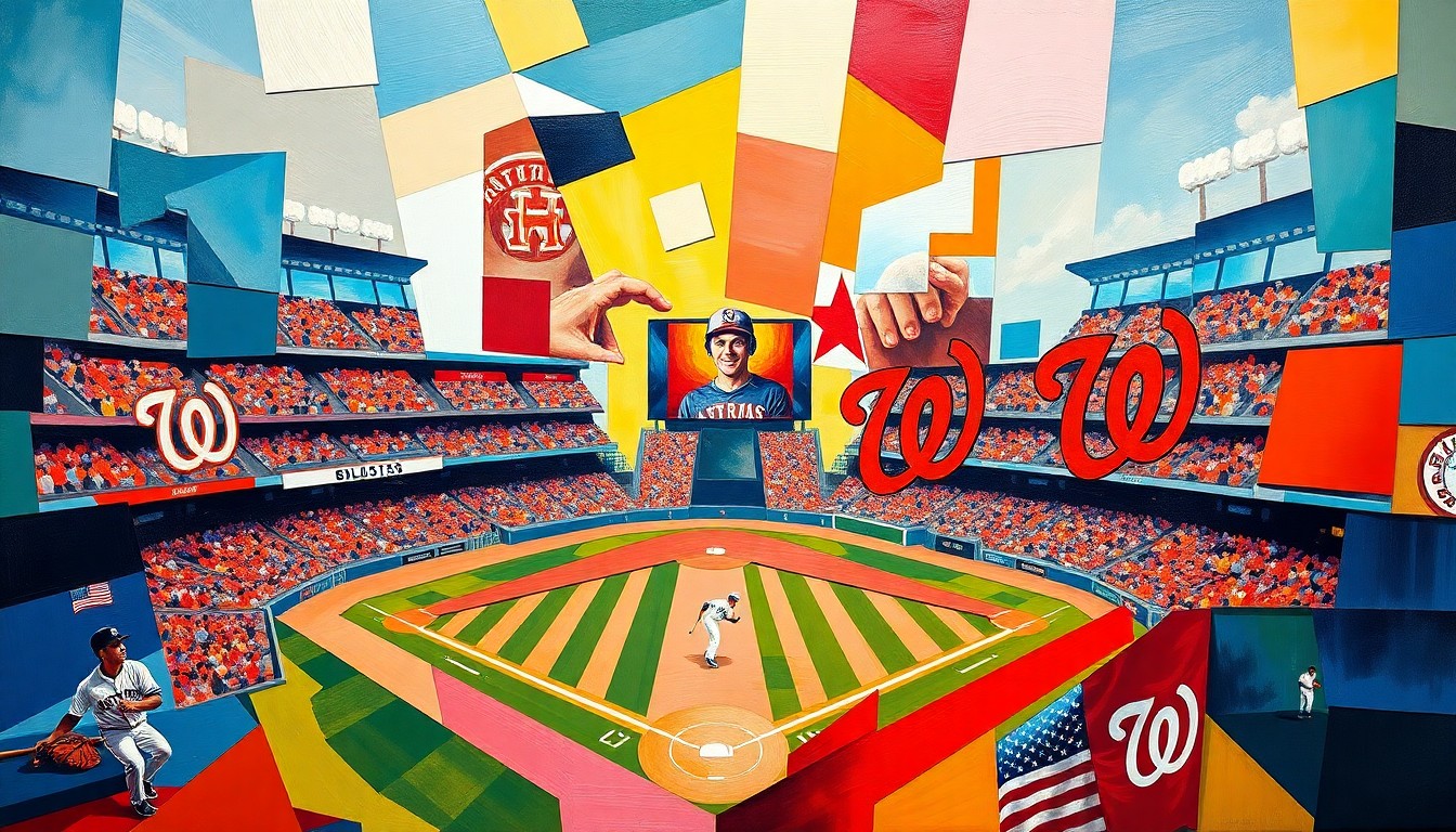 A cubist, geometric painting depicting a baseball game between the Houston Astros and Washington Nationals, with overlapping shapes and planes in the teams' official colors, capturing the dynamic energy and tactical battle of the match.