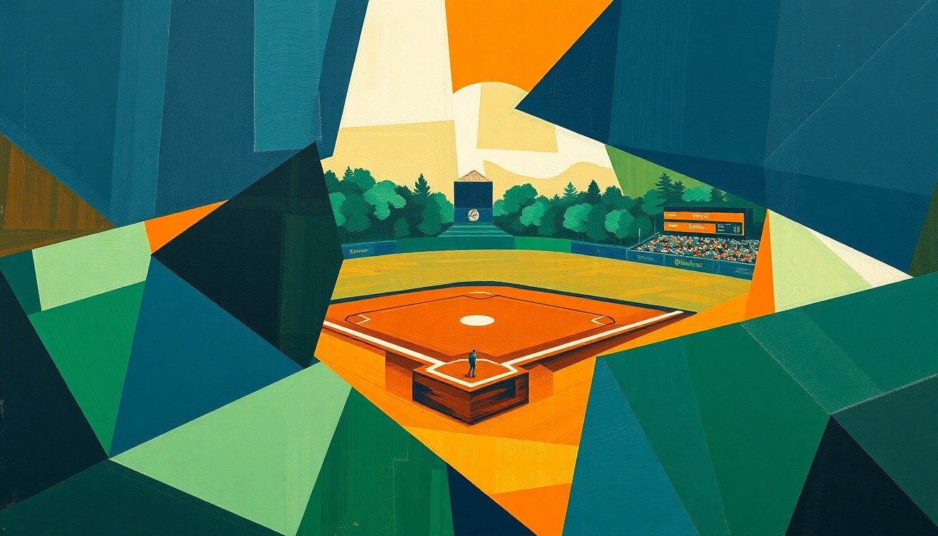 A cubist, geometric painting depicting a high school baseball game, with the players and field broken down into overlapping planes of navy, green, and orange.