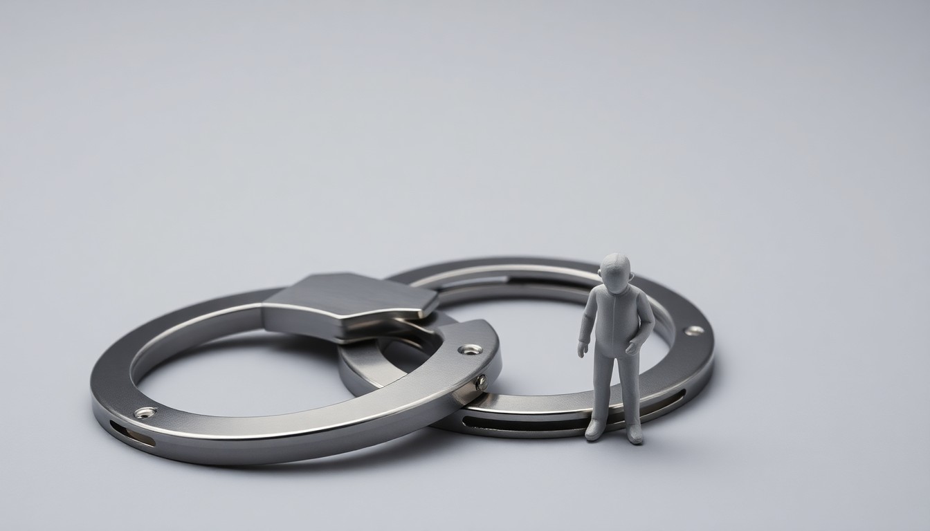 A high-end, photorealistic studio still-life photograph featuring a polished metal handcuff and a small, faceless figurine representing a person, arranged elegantly on a clean, monochromatic grey background. The objects symbolize the abstract corporate issues of ethics, accountability, and the human impact of technology.