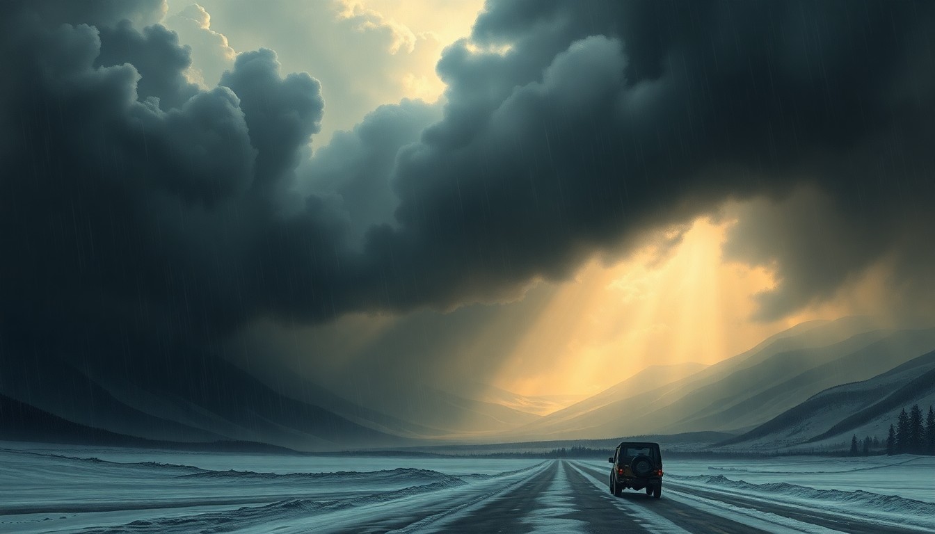 A sweeping, atmospheric landscape painting in muted tones of gray, blue, and green, depicting a vast, stormy sky with heavy rain and dark clouds looming over a small town nestled in a valley below, conveying the overwhelming scale and power of the natural forces at play.