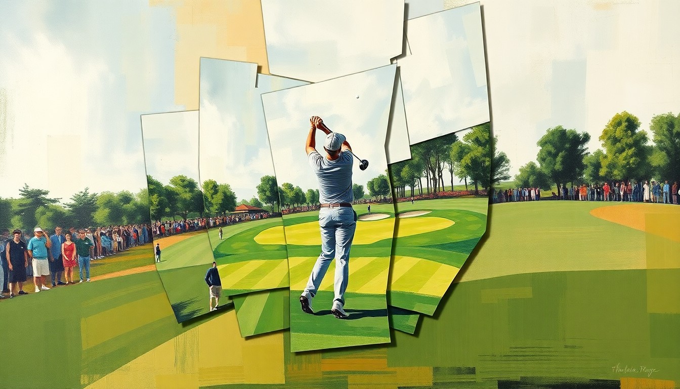 A fragmented, cubist-style painting depicting a golfer teeing off on an Augusta National par 5 hole, with the scene broken down into sharp, overlapping geometric shapes and planes in a conceptual representation of the strategic debate surrounding the course's par 5 design.