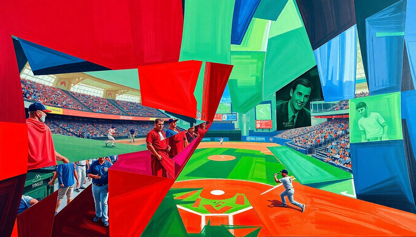 A cubist, geometric painting featuring overlapping planes of vibrant red, blue, and green colors, conceptually representing the intensity and drama of a college baseball game between two highly ranked teams.
