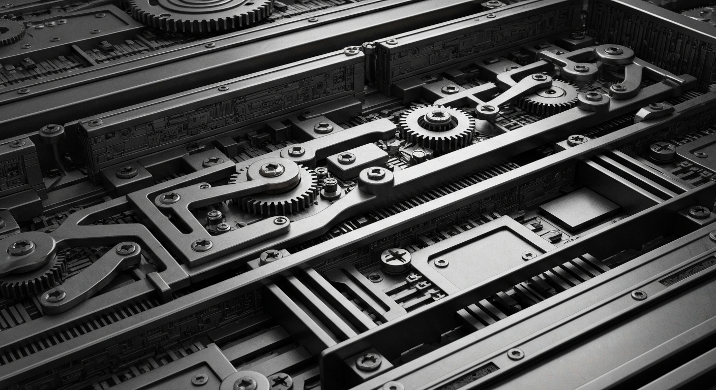 An extreme close-up of a complex network of gears, levers, and circuits in shades of steel grey, copper, and black, conceptually representing the secure and powerful infrastructure of the financial system.