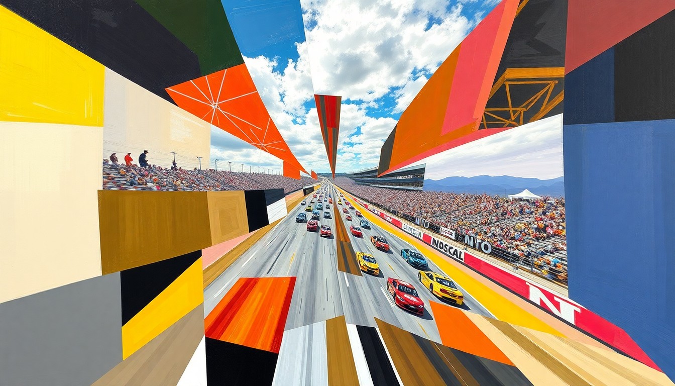 A fractured, cubist-style painting depicting the chaotic energy and overlapping perspectives of a NASCAR race at Talladega Superspeedway, with cars and track elements broken down into sharp, geometric shapes and planes of color.