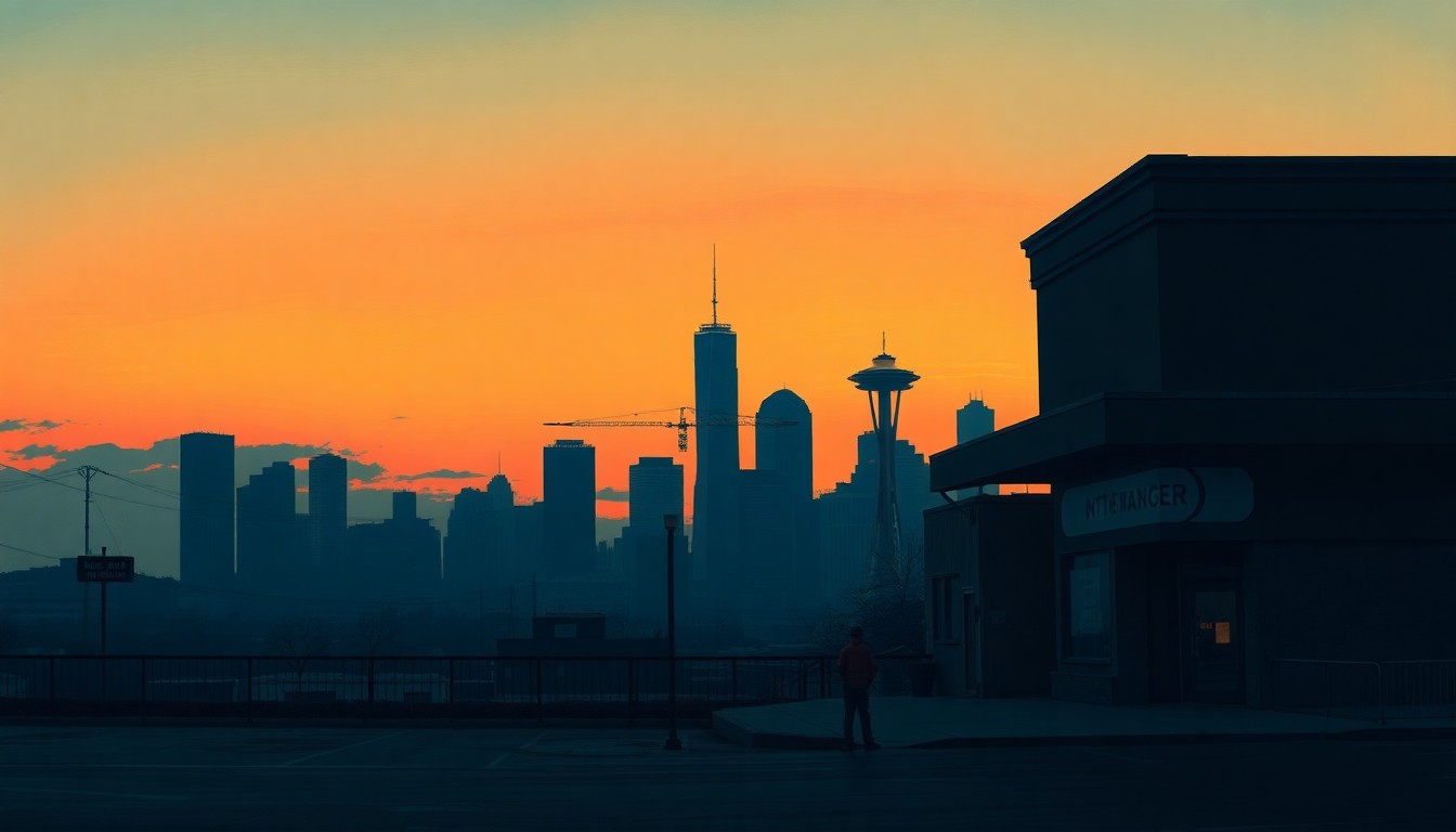 A cinematic painting depicting the Seattle skyline at dusk, with a lone business owner standing in the foreground. The scene is bathed in warm, diagonal sunlight and deep shadows, capturing the pensive mood and uncertainty surrounding the city's new tax policy.