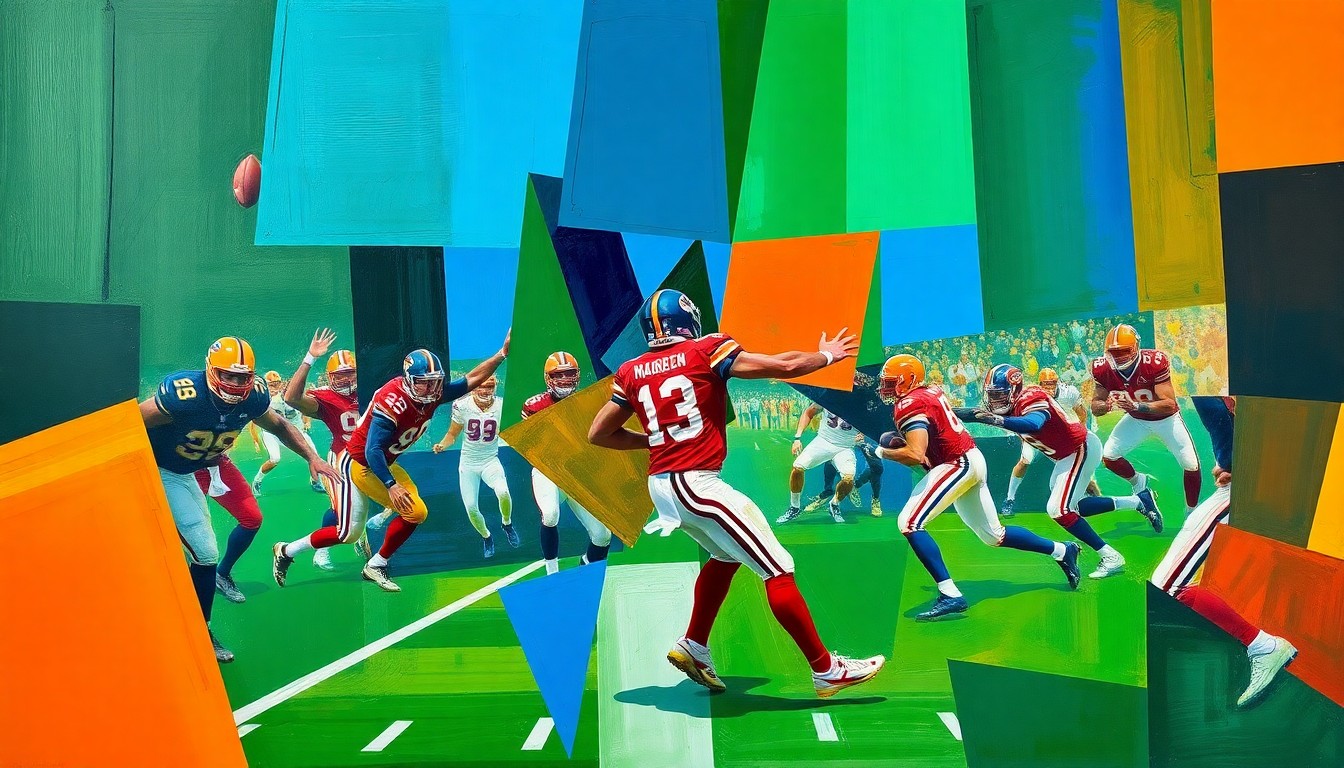 A cubist, geometric painting depicting fragmented and overlapping shapes representing a football player in motion, conveying the multifaceted nature of the Eagles' offseason decisions.