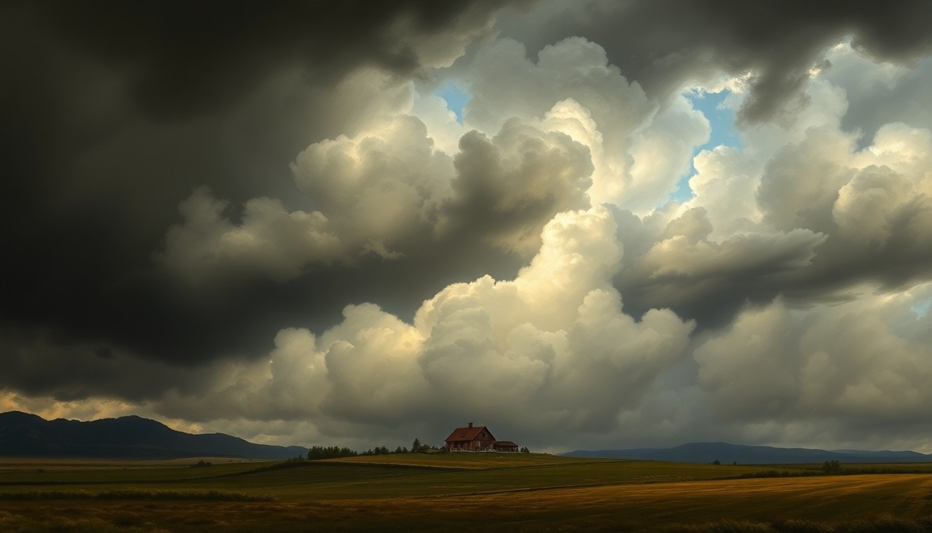 A sweeping, atmospheric landscape painting in muted tones of gray, blue, and green, with a small farmhouse dwarfed by the massive, swirling storm clouds above, conveying the sublime power of nature.