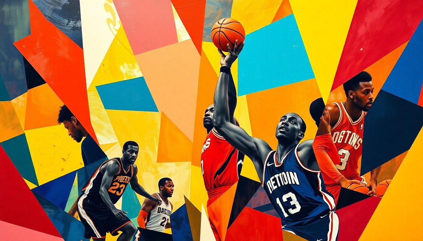 A fractured, multi-perspective painting depicting a basketball game or match, with the players' forms deconstructed into abstract shapes and planes of color in the style of Pablo Picasso. Vibrant team colors are used throughout the composition, creating a dynamic and visually striking conceptual illustration.