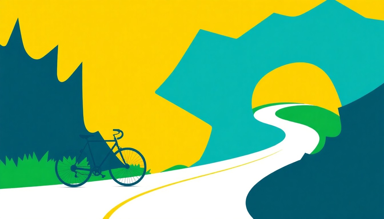 An abstract, minimalist illustration featuring jagged, geometric shapes in shades of green, blue, and yellow, conveying a sense of motion and community around a bicycle and winding road.