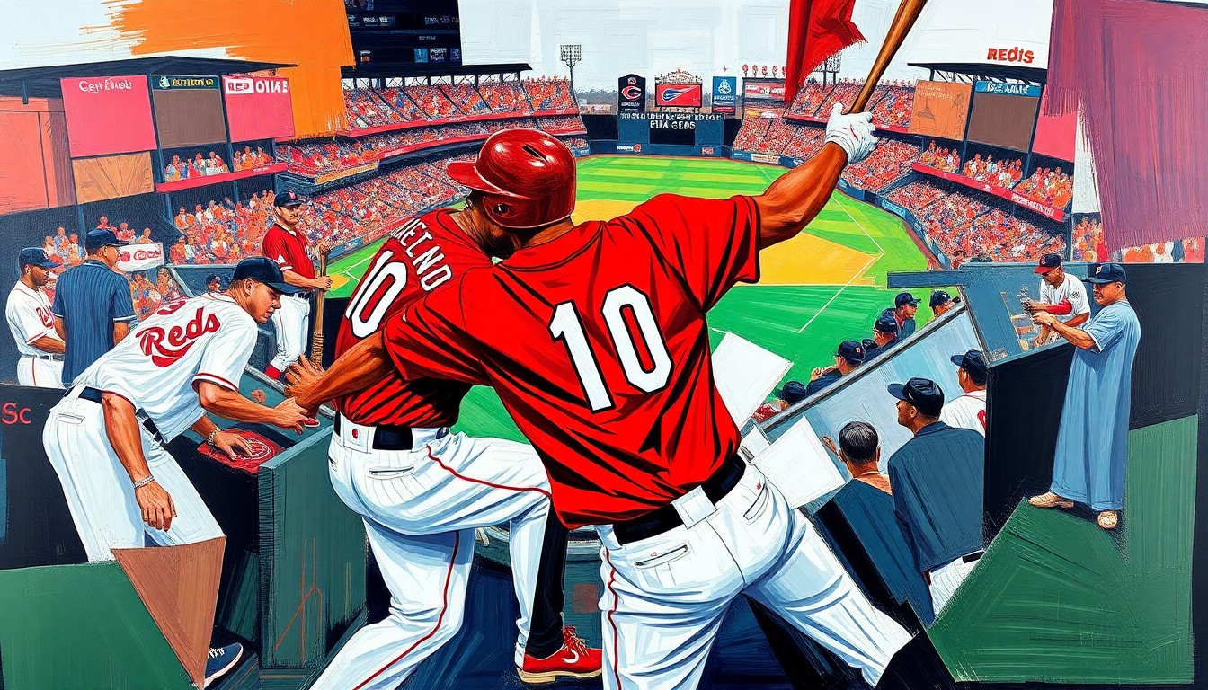 A cubist, geometric painting depicting a baseball game in motion, with sharp, overlapping planes of red, black, and white representing the Cincinnati Reds' uniforms and the dynamic energy of the sport.