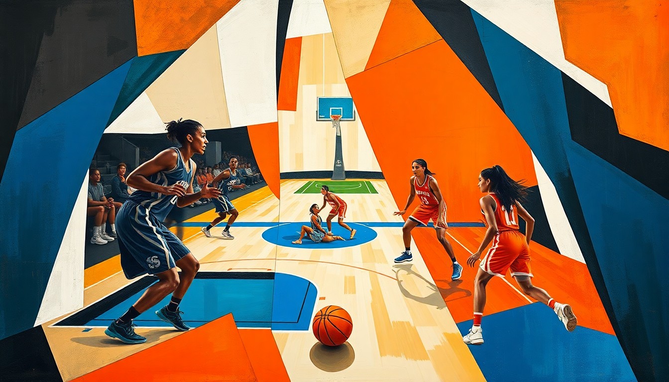 A cubist, geometric painting depicting a fragmented WNBA basketball game, with the players' figures broken down into abstract shapes and forms in the team colors of the Seattle Storm and the league colors of orange, blue, and white.