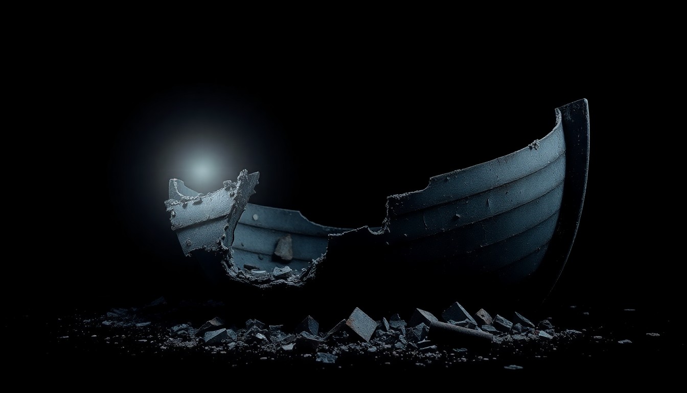 An extreme close-up photograph of a shattered boat hull fragment, lit by a harsh, direct camera flash against a pitch-black background, conceptually representing the violence and destruction of the military strikes without depicting any actual violence, weapons, or victims.