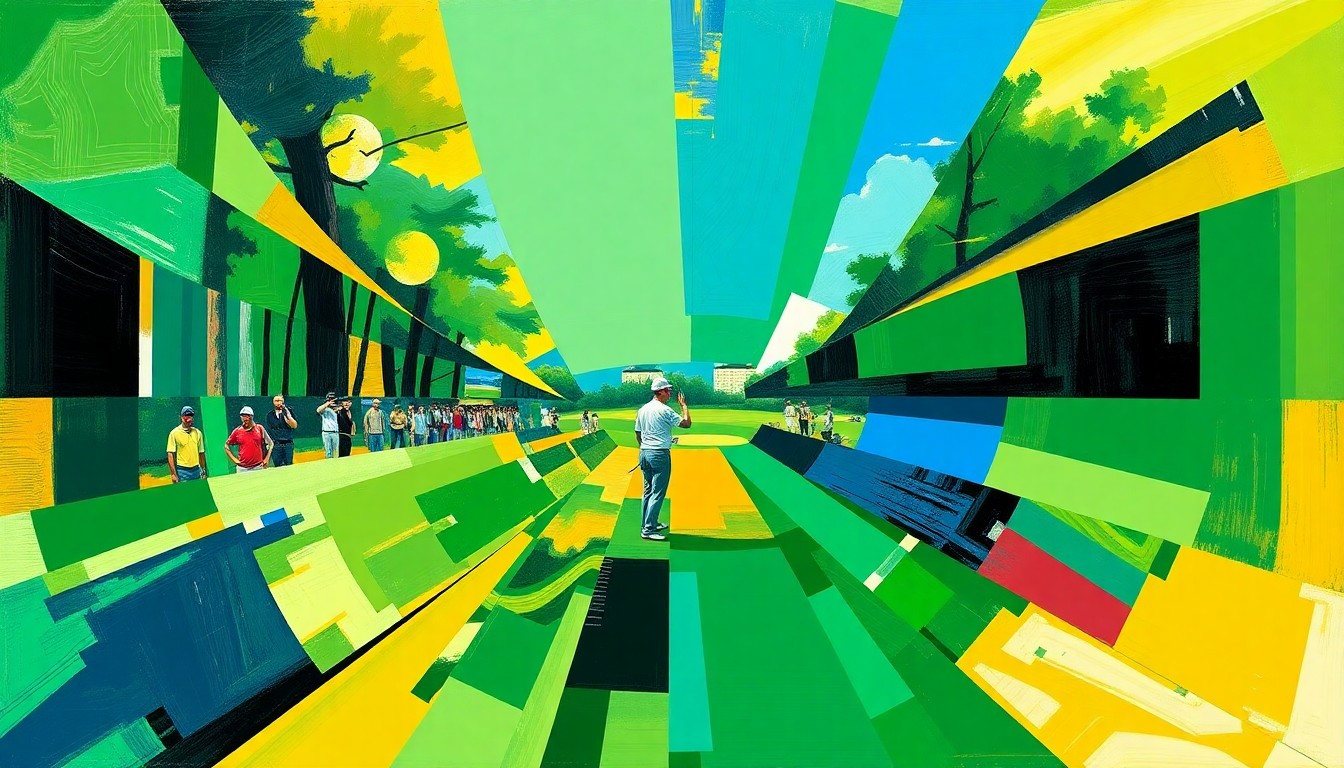A cubist, geometric painting depicting Shota Hayafuji's bow on the 18th green of the Masters, with overlapping planes of green, gold, and blue capturing the energy and emotion of the iconic moment.