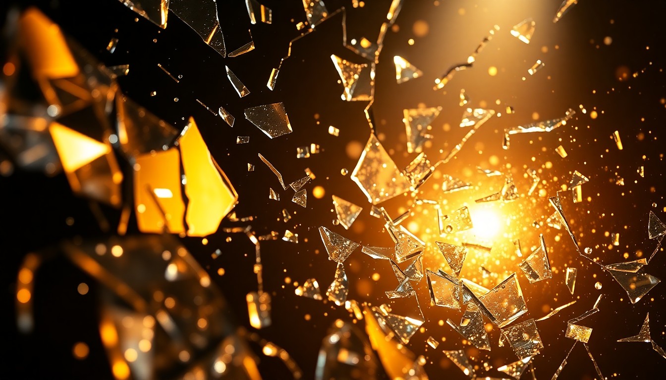 An abstract close-up image of shattered, glittering glass fragments in dramatic, high-contrast lighting, conceptually representing the complex, emotionally charged storylines of the popular soap opera.