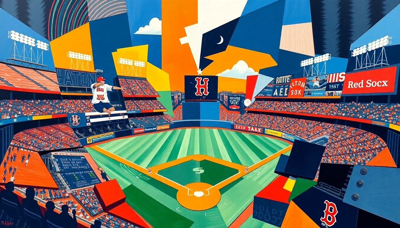 A cubist, geometric painting depicting a baseball game in progress, with overlapping planes of color representing the players, field, and stadium. The vibrant colors capture the energy and intensity of the match.