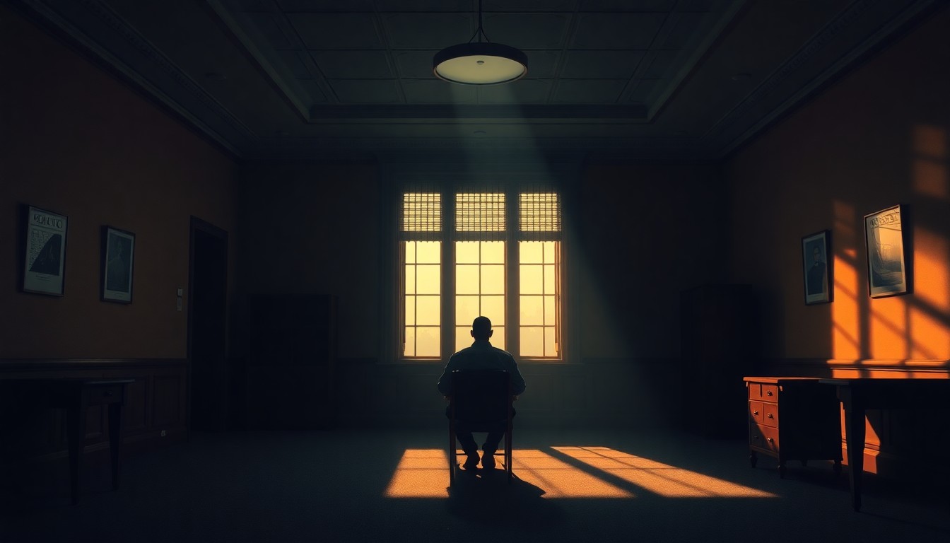 A dimly lit government office with a single figure sitting alone, the room bathed in warm, diagonal sunlight and deep shadows, conveying a sense of contemplation and unease.