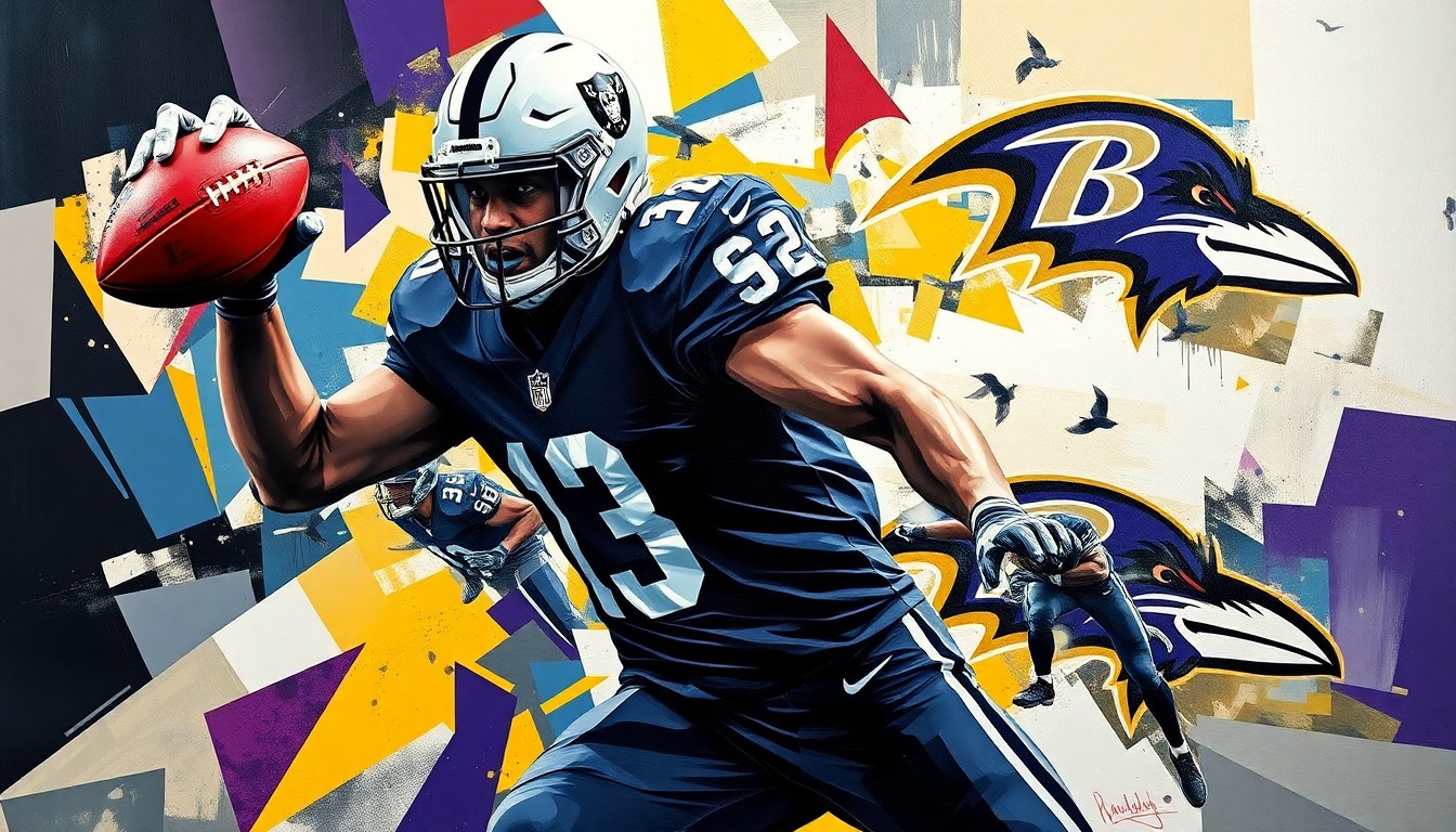 A cubist, geometric painting depicting a football player's movements and actions, with sharp, overlapping planes in the team colors of the Raiders and Ravens, conceptually representing the intricate dynamics behind the failed trade deal.