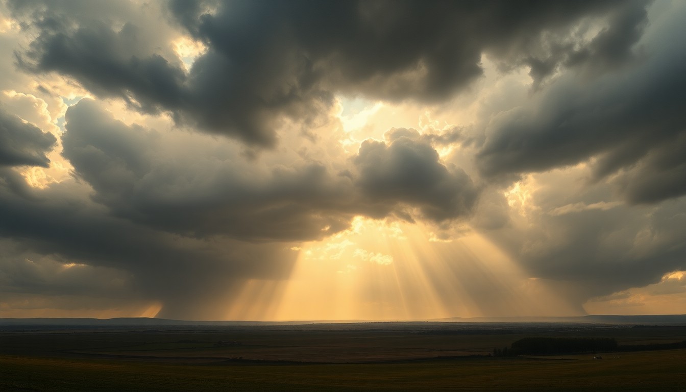 A dramatic, atmospheric landscape painting with sweeping brushstrokes of dark clouds and rays of light breaking through, conveying the sublime power of an approaching storm.