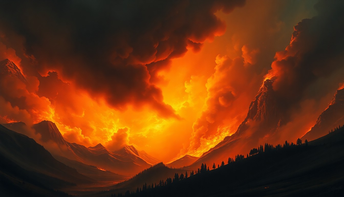 A sweeping, atmospheric landscape painting depicting a raging wildfire, with flames and thick smoke dominating the frame and dwarfing any physical structures or objects in the scene.