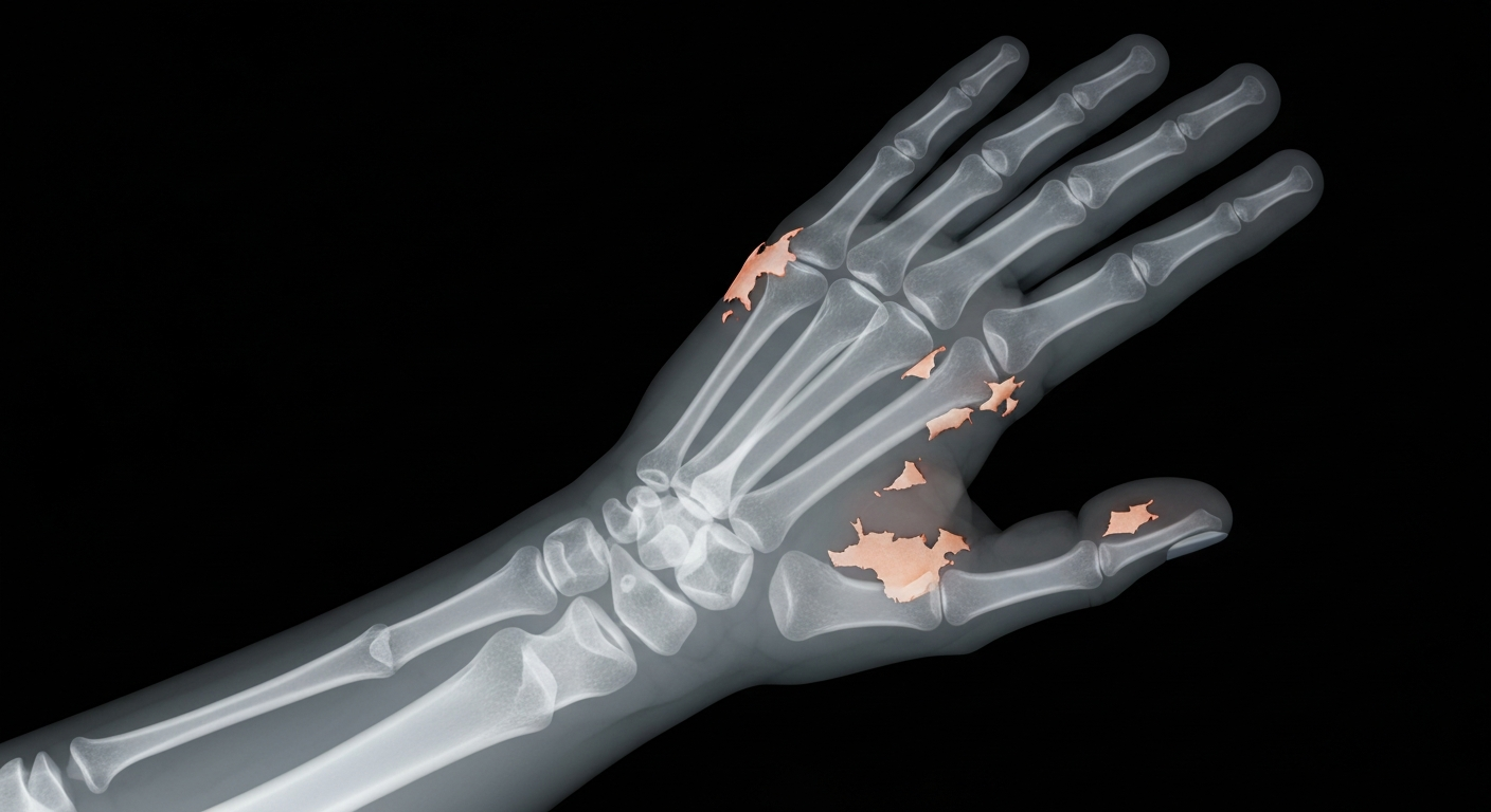 A ghostly, translucent X-ray-style image showing the internal structure of a human hand with the skin peeling away, conceptually representing the devastating effects of Stevens-Johnson Syndrome.