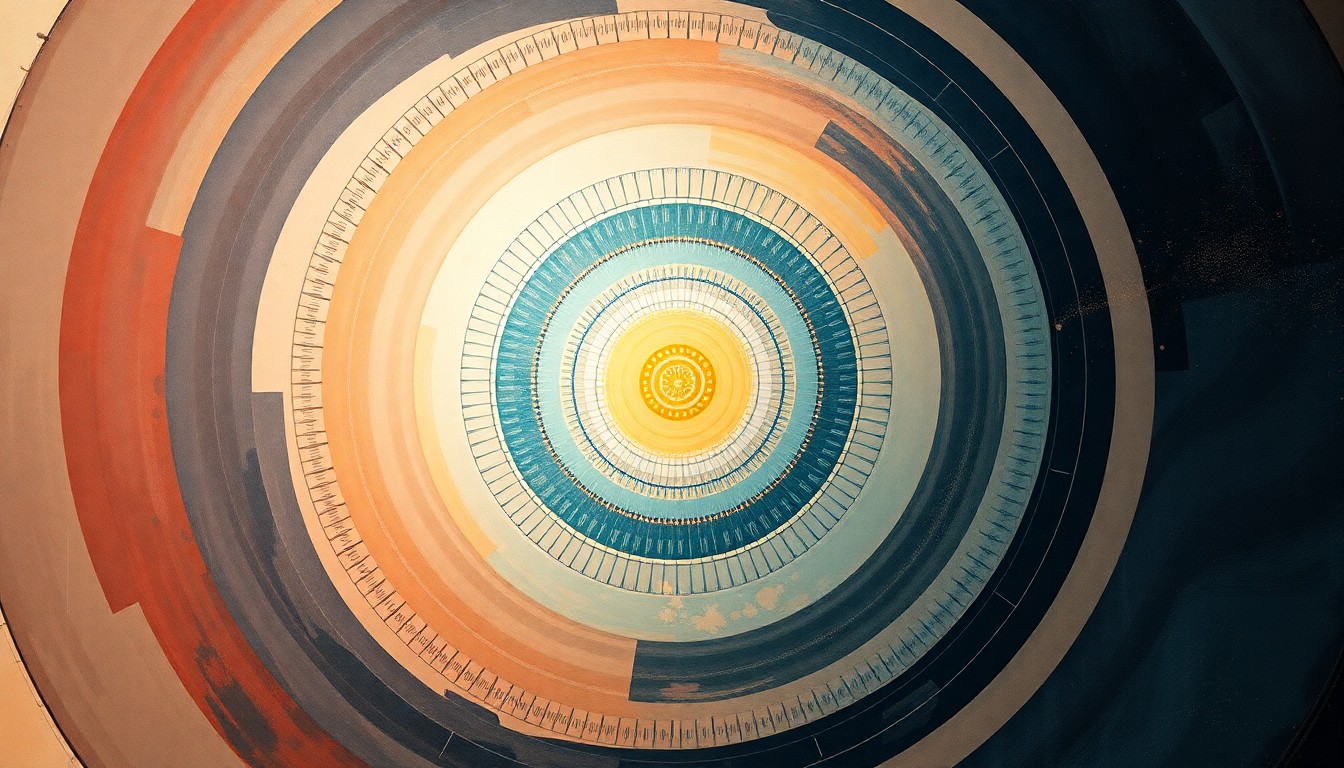 A bold, abstract painting in soft blues, greens, and grays, featuring sweeping geometric arcs, concentric circles, and precise botanical spirals, conceptually representing the dynamic structural changes in perovskite crystals in response to light.