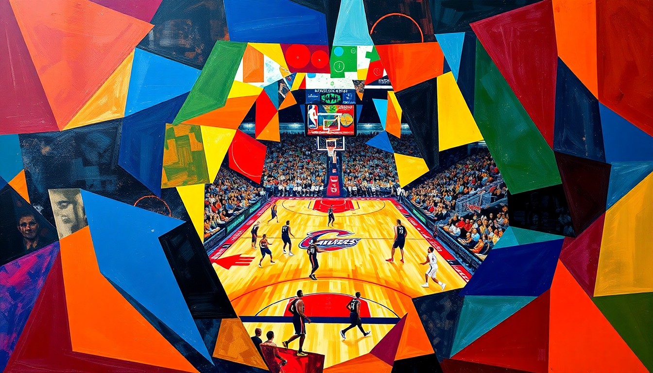 A fractured, multi-perspective painting in vibrant colors, breaking down a basketball game between two teams into sharp, overlapping geometric shapes and planes, capturing the raw energy and movement of the players on the court.