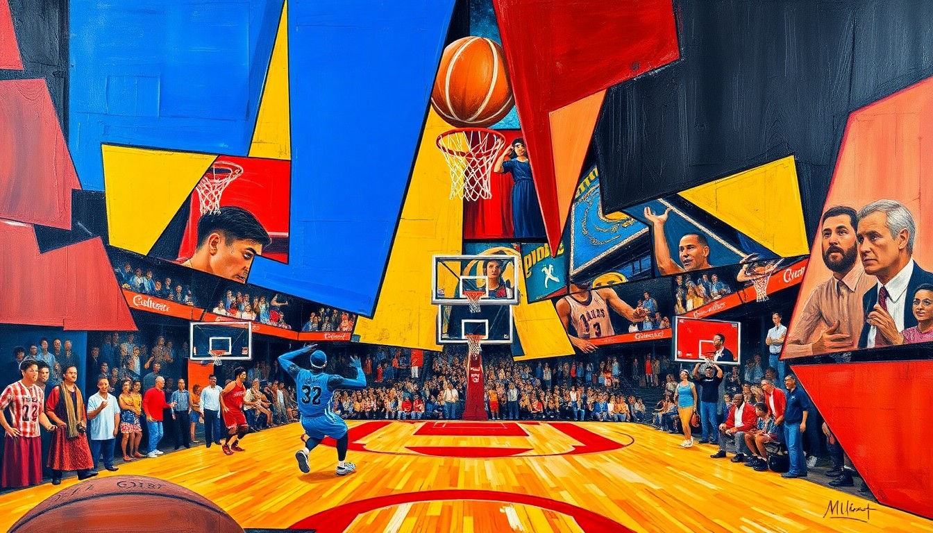 A cubist, geometric painting depicting a basketball game or match, with sharp, overlapping planes of vibrant colors like royal blue, crimson red, and gold, conveying the fractured, multi-perspective nature of the sport and its surrounding drama.