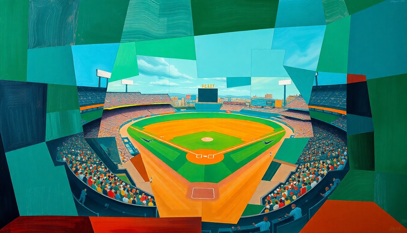 A fragmented, geometric painting depicting a baseball game from multiple angles, with sharp planes of green, blue, and orange representing the field, players, and crowd.