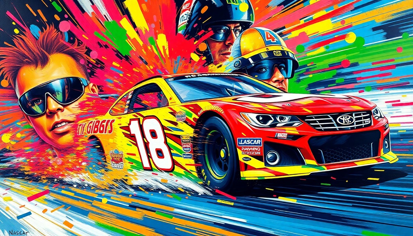 A dynamic, expressionist painting in neon colors depicting a NASCAR race, with Ty Gibbs' car speeding through the frame and the other drivers' faces blurred into abstract shapes, capturing the intense energy and movement of the event.