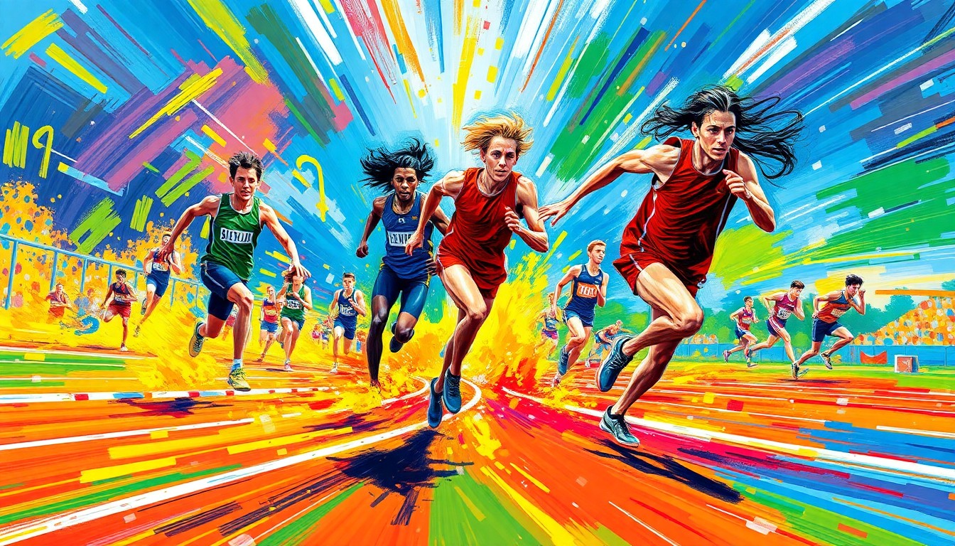 An abstract, energetic painting using bold, neon-like brushstrokes to depict the dynamic motion and competition of high school track and field events.