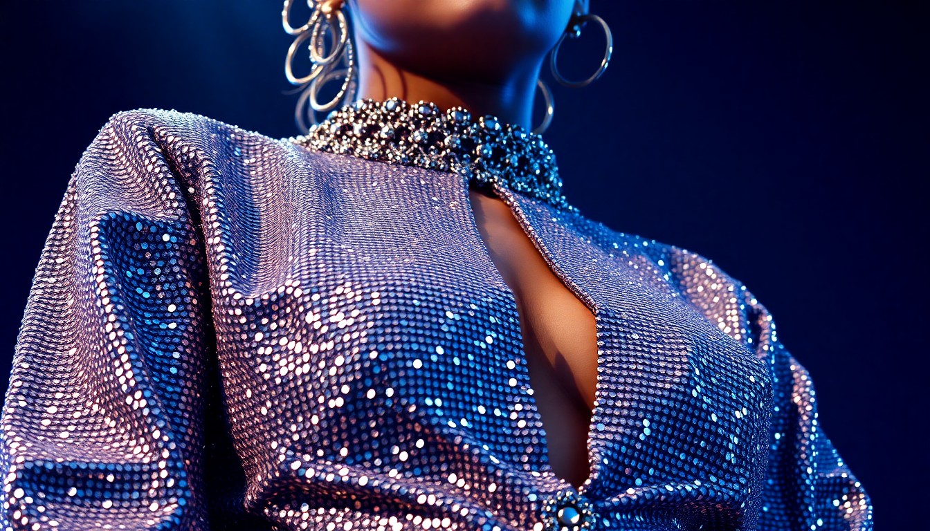 An extreme close-up photograph of a glittering, sequined fabric in shades of purple, pink, and silver, capturing the high-fashion, glamorous aesthetic of Karol G's Coachella performance.
