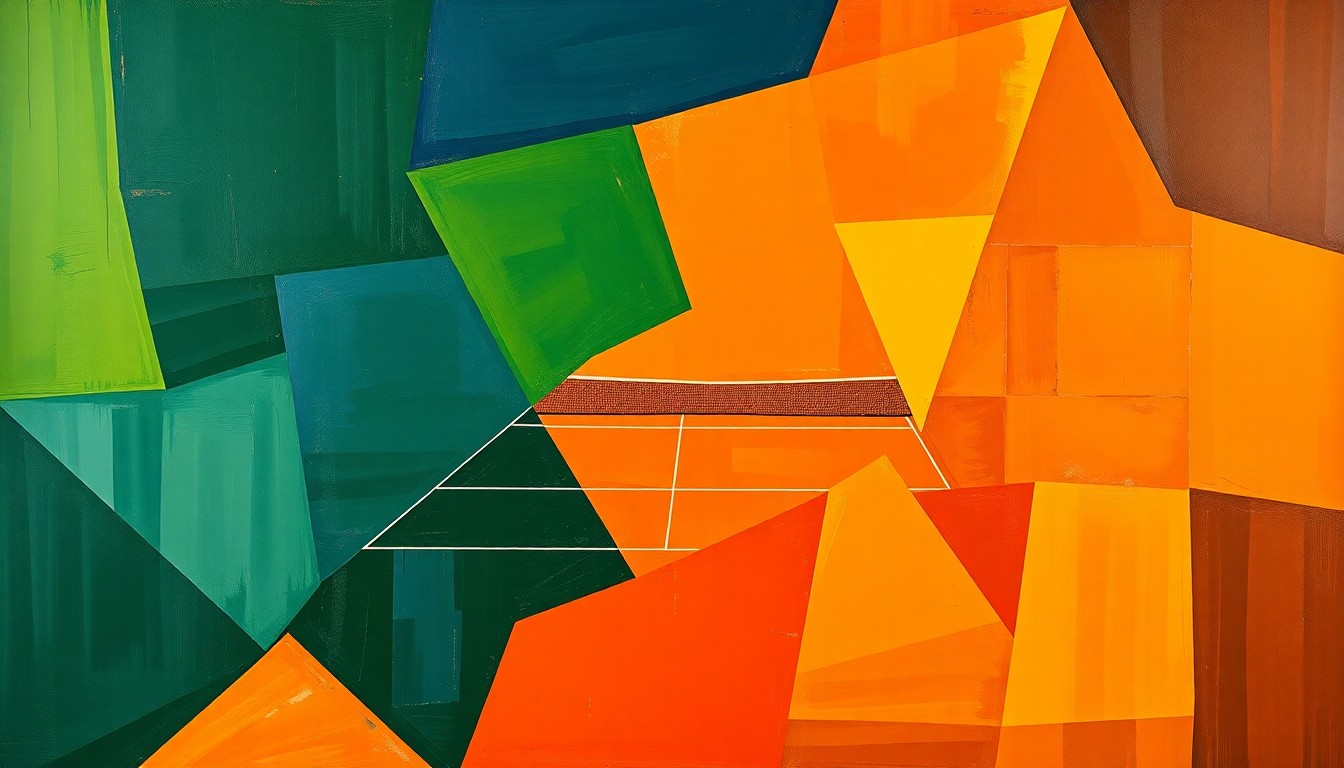 A cubist-style painting featuring overlapping geometric shapes and planes in shades of green, blue, and orange, conceptually representing the dynamic action and competition of a college tennis match.
