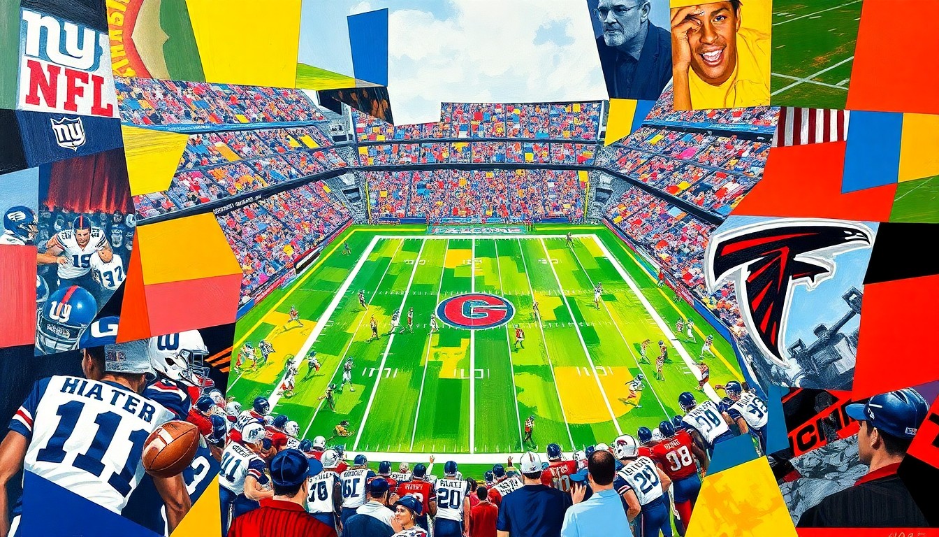 A fractured, cubist-style painting depicting an NFL Draft scene, with sharp geometric shapes and planes in the Giants' blue and red colors as well as the Falcons' red and black, conceptually representing the team's unconventional approach to roster building.
