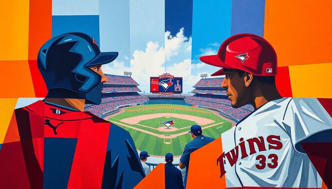 A cubist-style painting depicting a baseball game, with the players and field broken down into overlapping geometric shapes and planes in the colors of the Twins and Blue Jays uniforms.