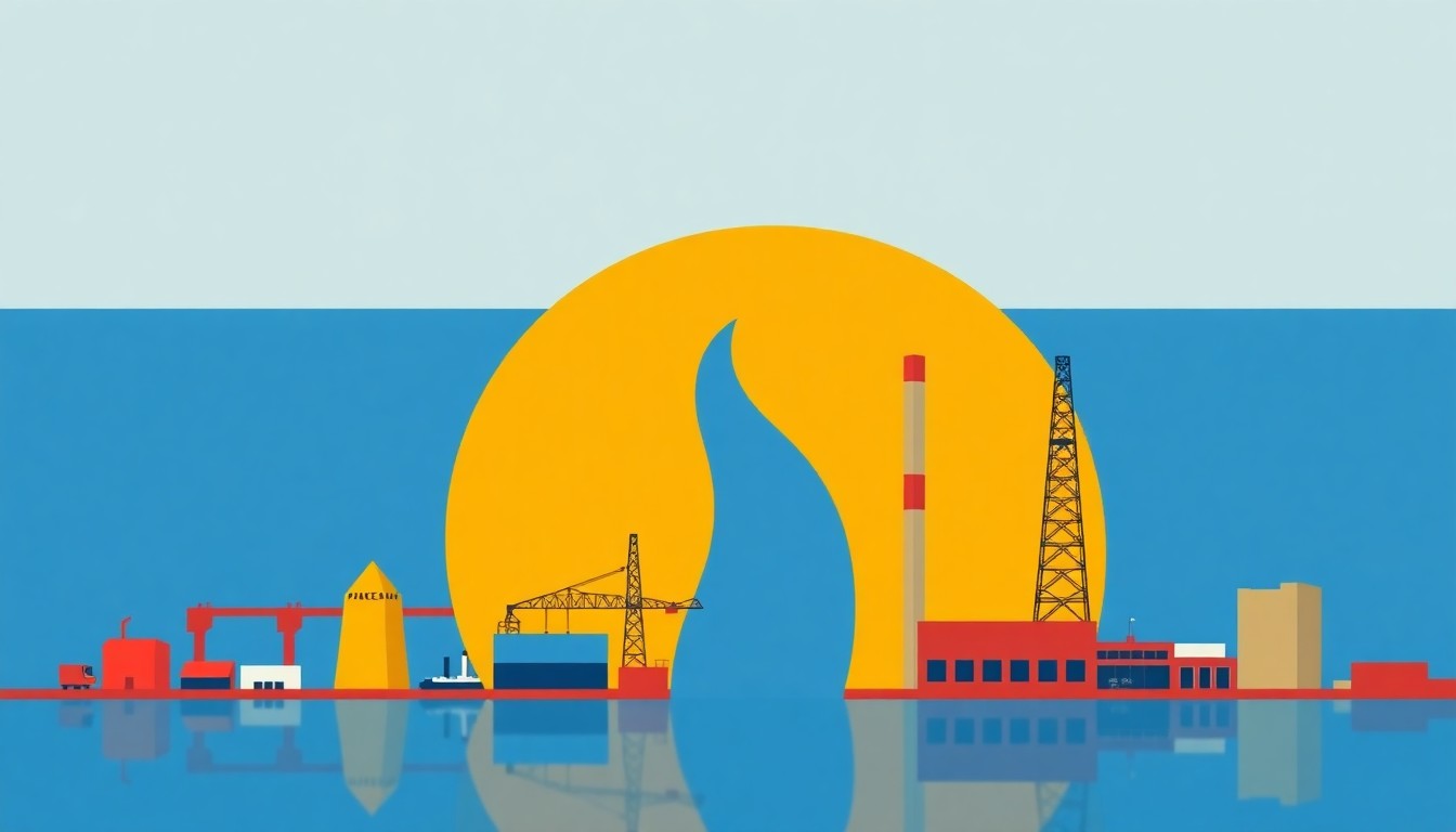 A geometric composition of overlapping triangles and circles in shades of blue, representing the depletion of water resources and the threat to the industrial economy.