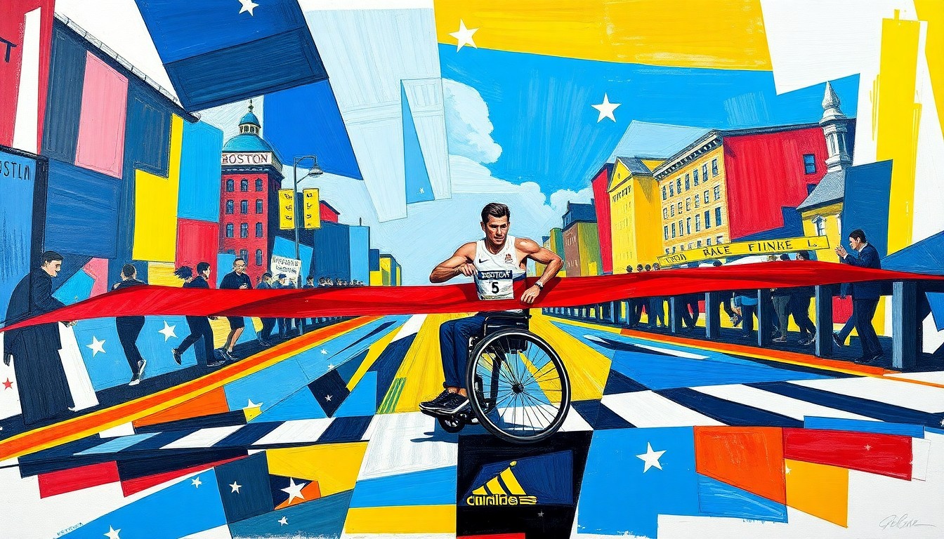 A fractured, geometric painting depicting a wheelchair racer crossing the finish line of the Boston Marathon, with the race's iconic colors of blue, yellow, and red expressed through sharp, overlapping planes.