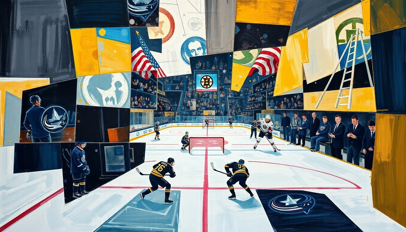 A fragmented, geometric painting depicting the dynamic movements and competing forces of a hockey game, with players and the puck rendered as abstract shapes and planes of color.