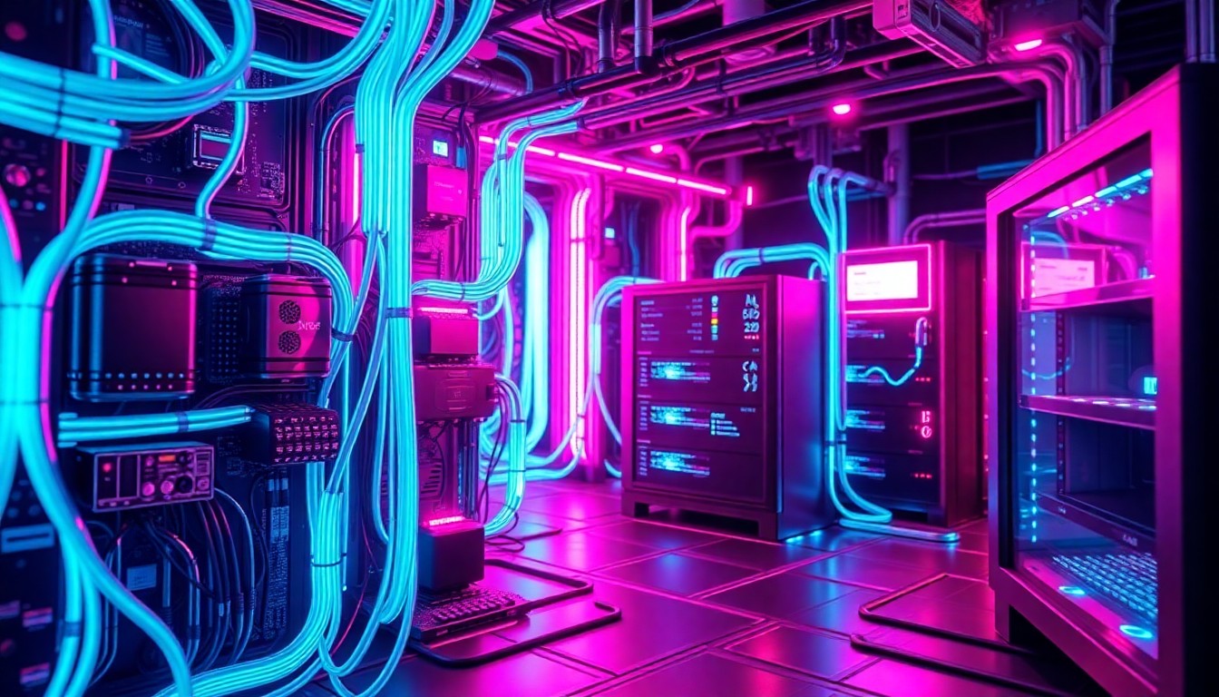 A highly detailed, glowing 3D illustration of an advanced AI video system, with illuminated circuit boards, fiber optic cables, and data servers, conceptually representing the technical complexity and multimodal capabilities required for modern AI-generated video.