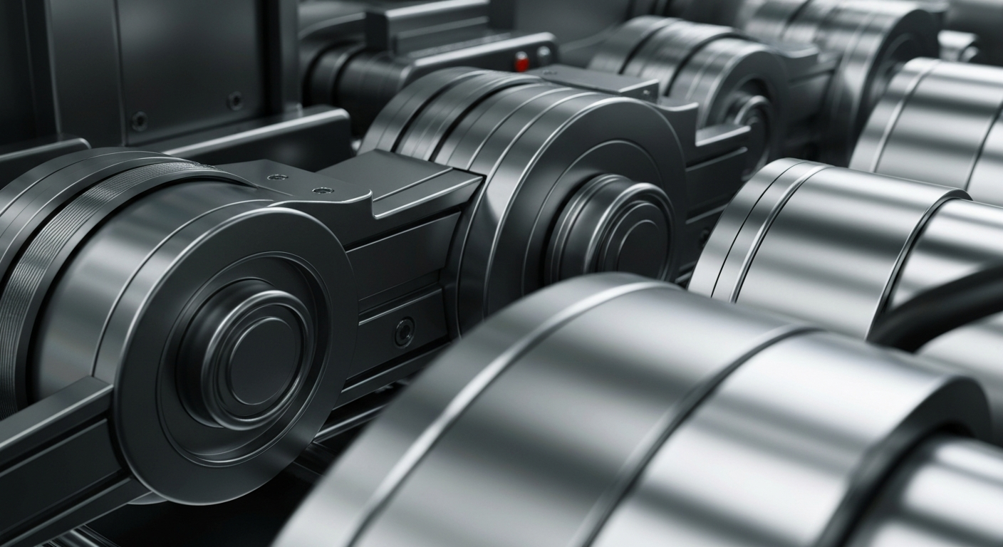 An extreme close-up of gleaming, industrial banking machinery and equipment, conceptually representing the secure, powerful systems that underpin the financial sector.