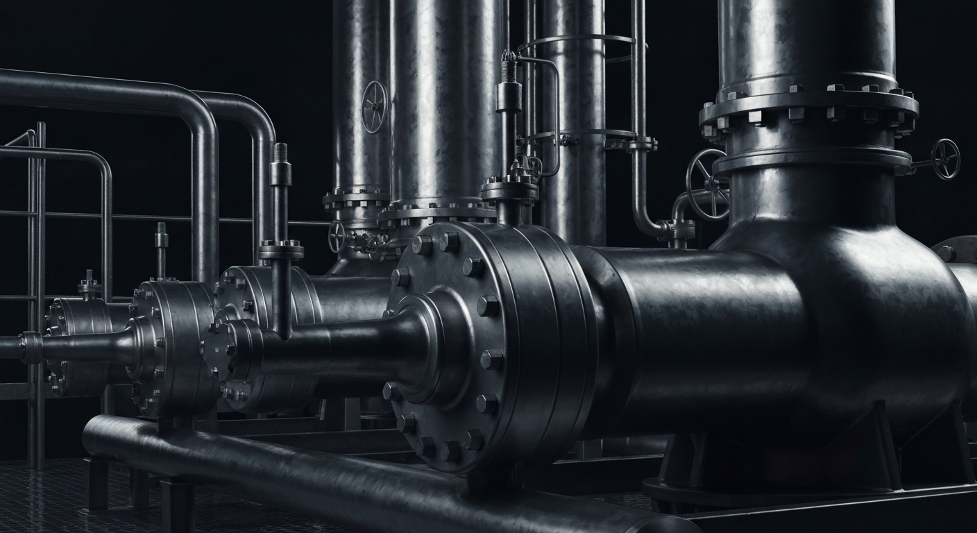 An extreme close-up of gleaming metal pipes, valves, and other industrial equipment used in oil refining, dramatically lit to convey the scale and power of Delek US's petroleum processing operations.