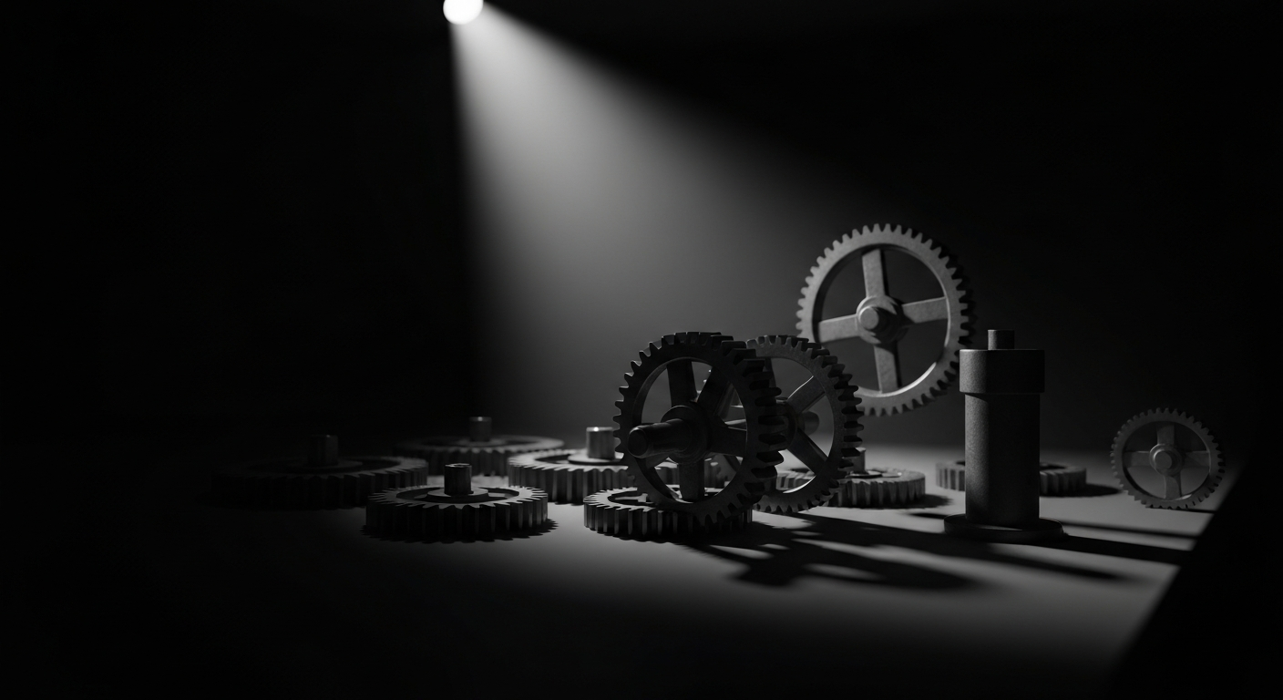 A highly detailed, black-and-white close-up photograph of the complex machinery and mechanisms that power the pharmaceutical industry, conveying a sense of institutional strength and financial infrastructure.
