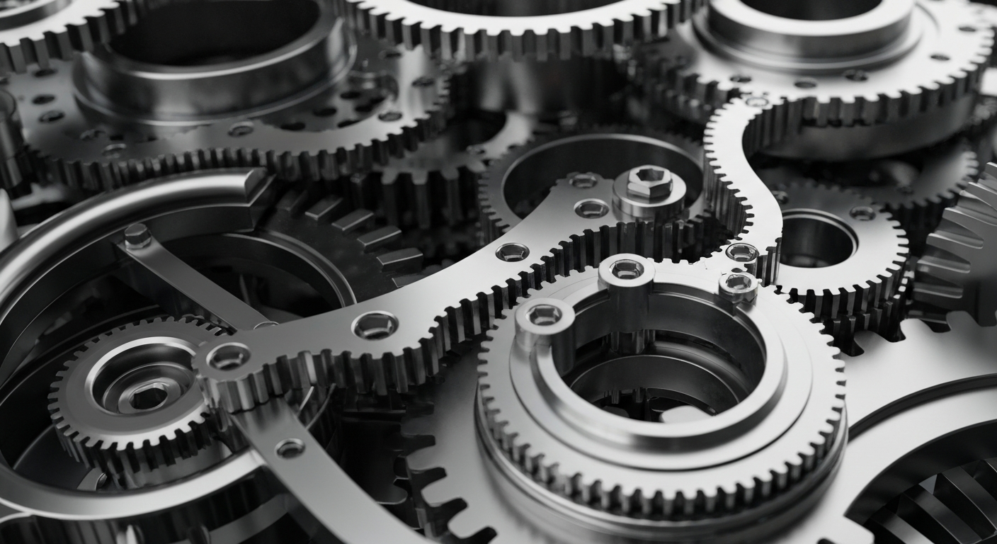 An extreme close-up of highly detailed, metallic industrial machinery and mechanisms, conveying the complex, powerful financial infrastructure of the pharmaceutical industry without using any text or identifiable elements.