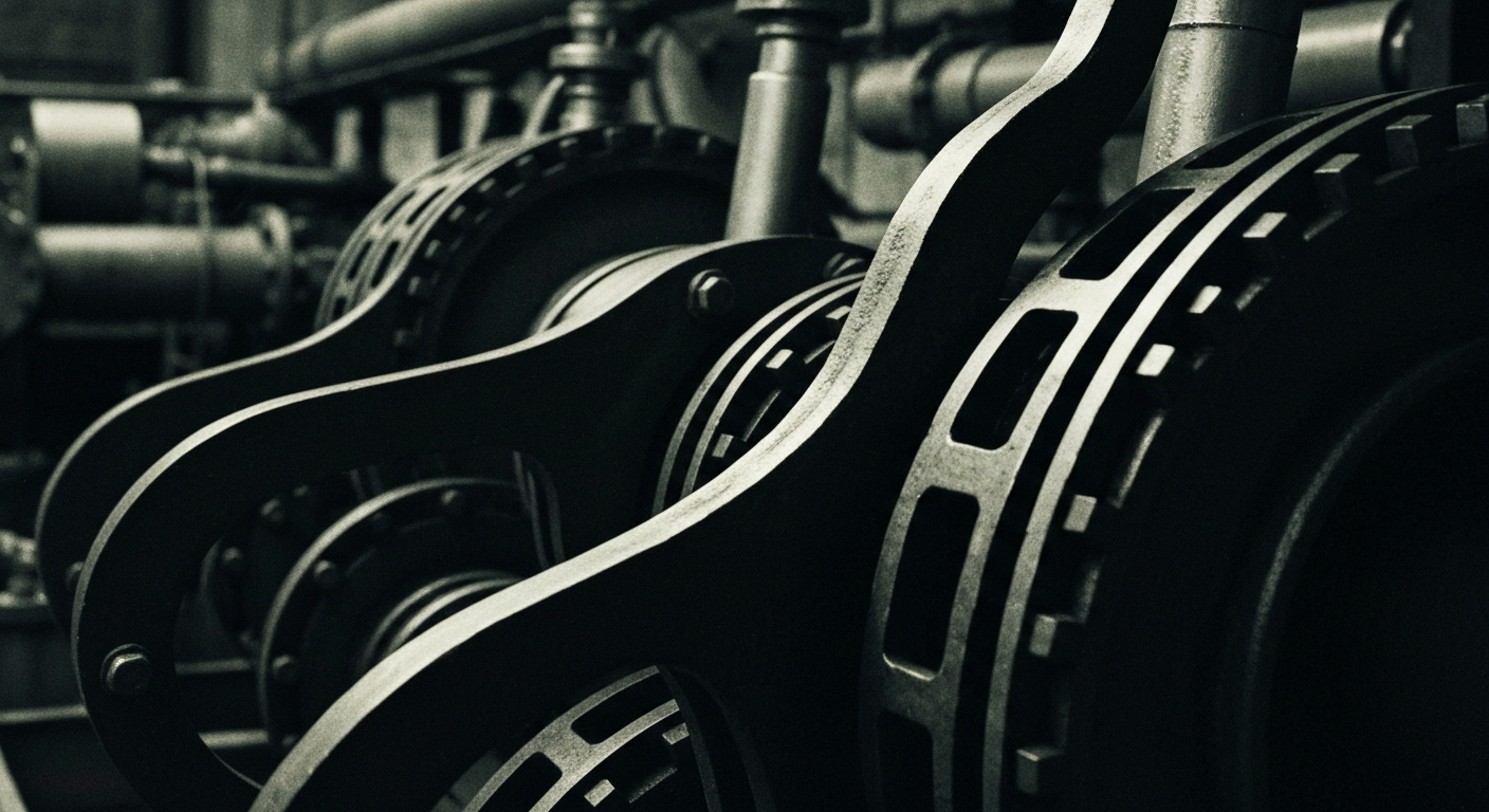 An extreme close-up of complex, interlocking industrial machinery and equipment, conveying the sophisticated, mechanical nature of Xylem's water technology products.