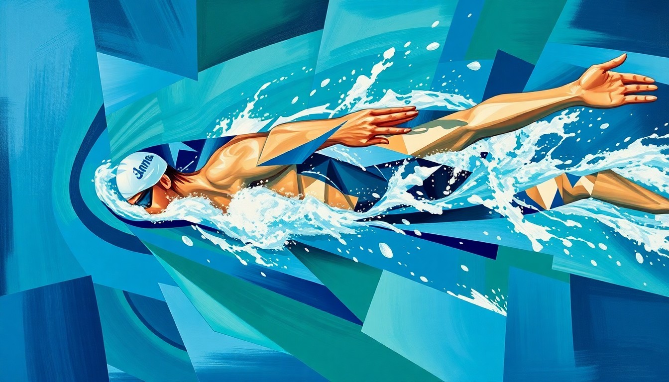 A fragmented, geometric painting depicting the overlapping movements of a swimmer's breaststroke, conveying the raw athleticism and technical mastery of a young competitor.