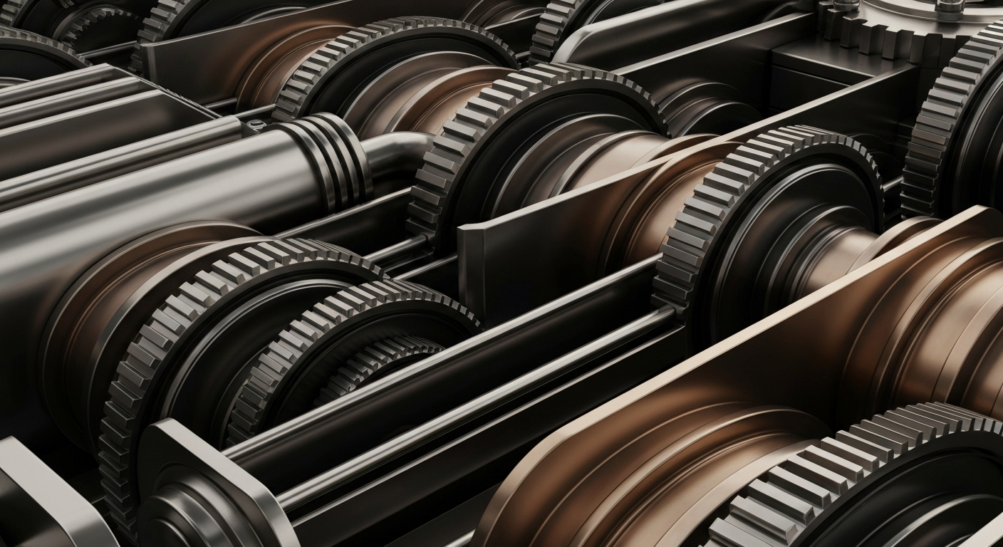 A highly detailed, cinematic close-up image of heavy, industrial machinery and gears in shades of steel grey, bronze, and black, conveying the complex financial infrastructure and institutional power underlying the global snack food industry.