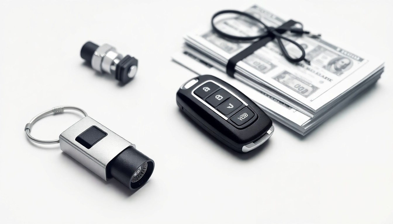 A photorealistic studio still life featuring a polished metal car sensor, a sleek black car key, and a stack of financial documents, conceptually representing the intersection of transportation technology, corporate strategy, and financial markets.