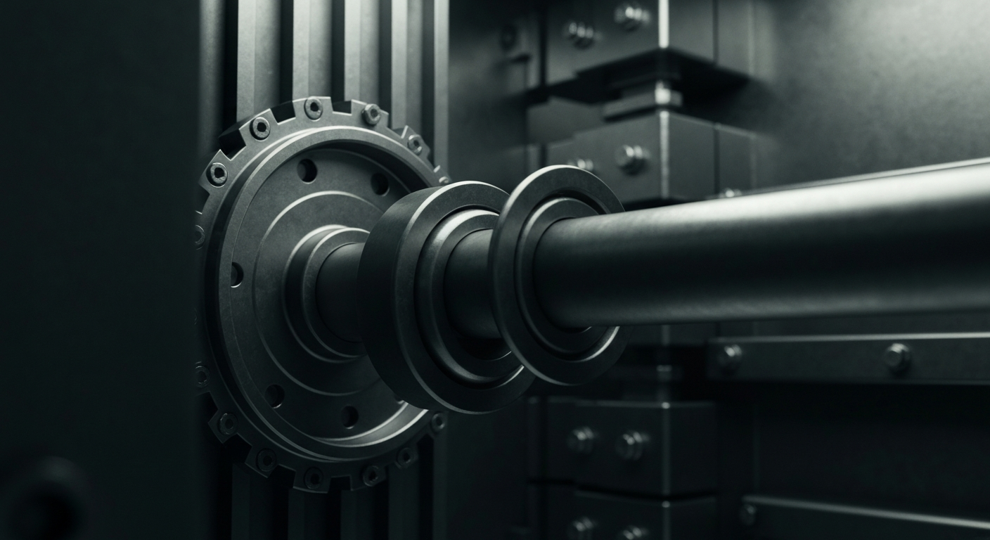 An extreme close-up of the intricate gears, levers, and mechanisms of a bank vault, conveying the heavy, industrial nature of institutional finance without using any literal financial symbols or imagery.