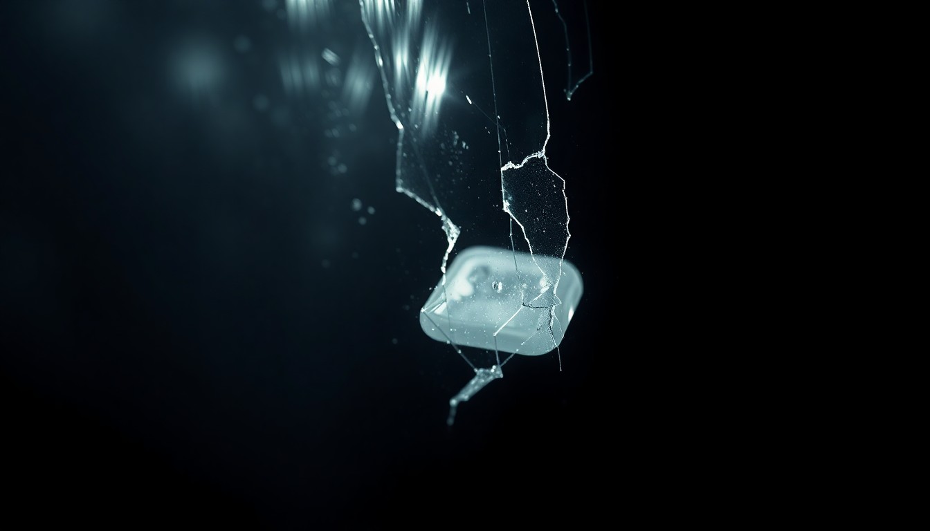 An extreme close-up photograph of a damaged car sensor or broken glass from an off-road vehicle, capturing the stark, gritty details of the incident without depicting any violence or victims.